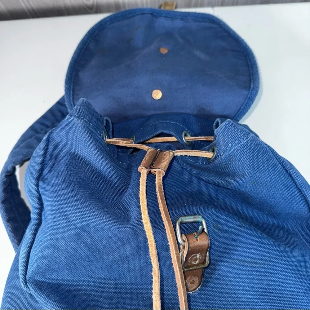 Vtg Polo Ralph‎ Lauren Blue Backpack Embroidered Yellow Pony Logo Canvas Leather